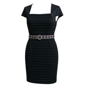 Adrianna Papell Black Belted Beaded Dress 12P Square Neck Eveningwear